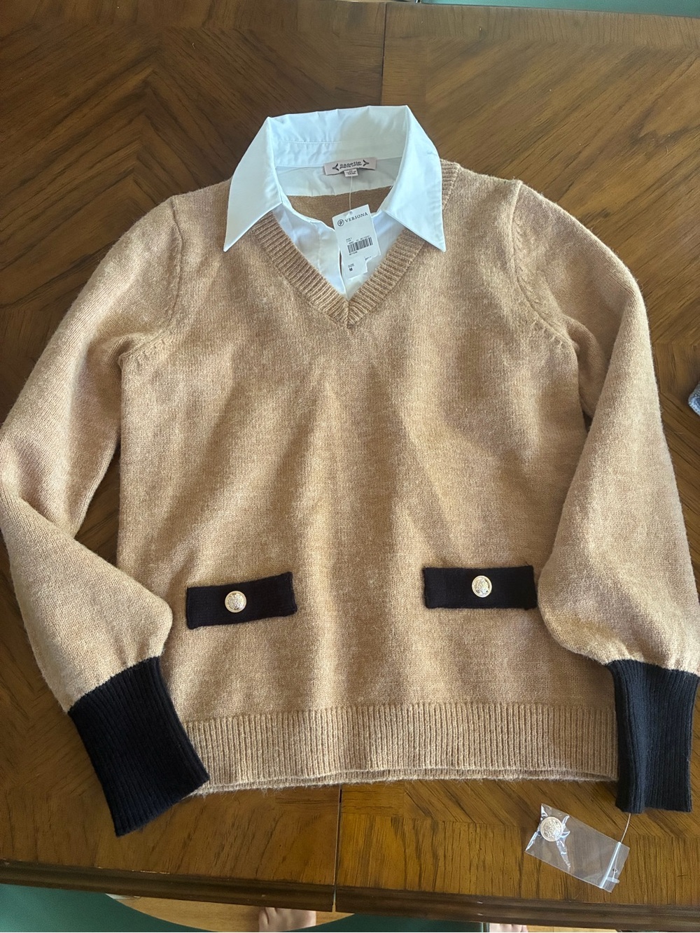 Classic V-Neck Sweater in Beige with Black Trim